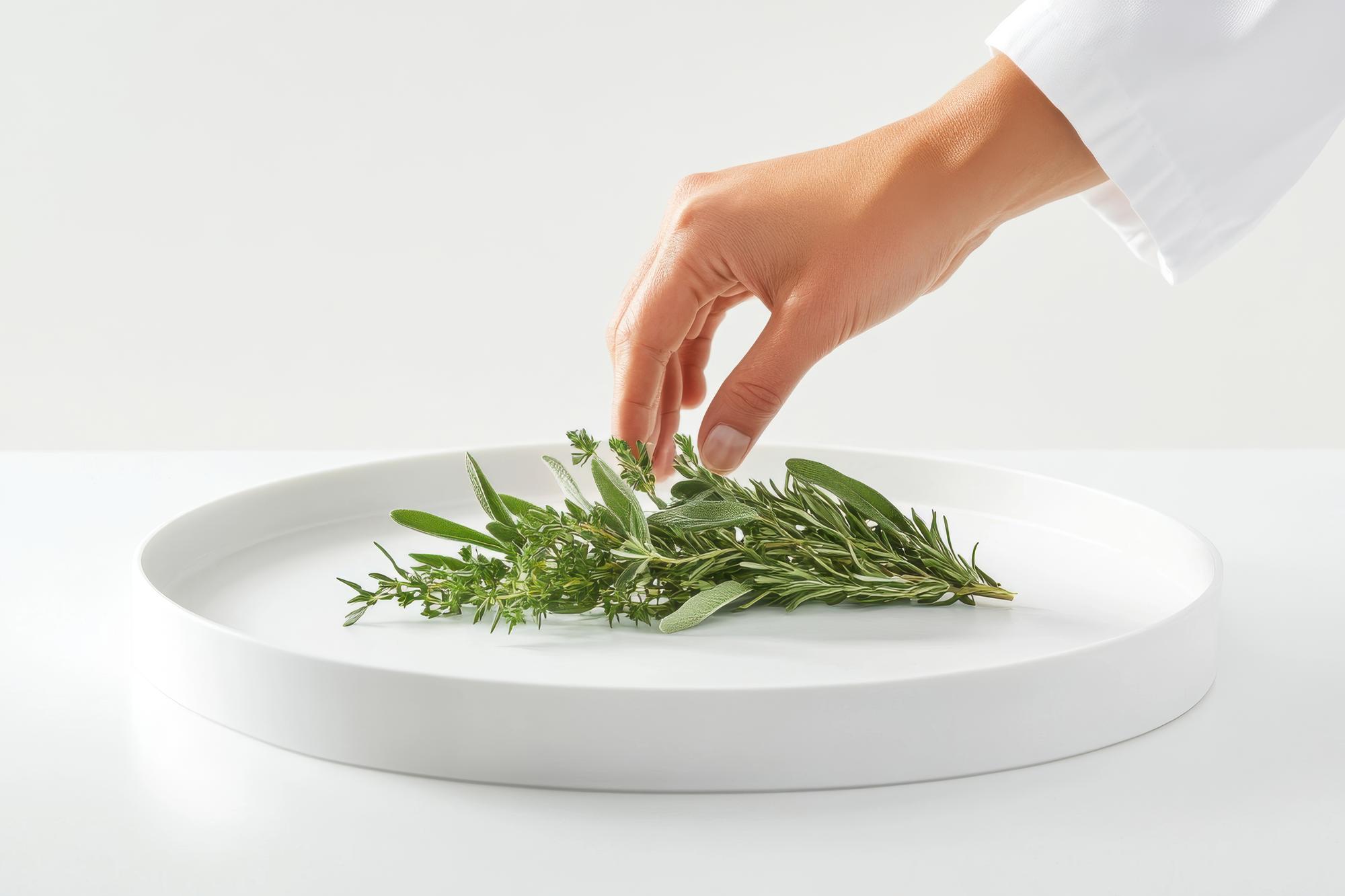 Close-up of hands plating a dish